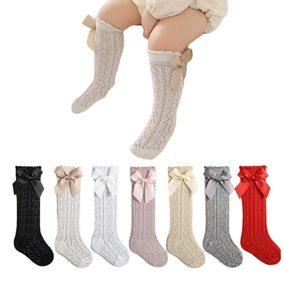 Baby Sweetie Infant Girls Long Stockings Princess Solid Color Cute Bowknot Socks Spring Summer Thin Mesh Over-The-Knee Socks