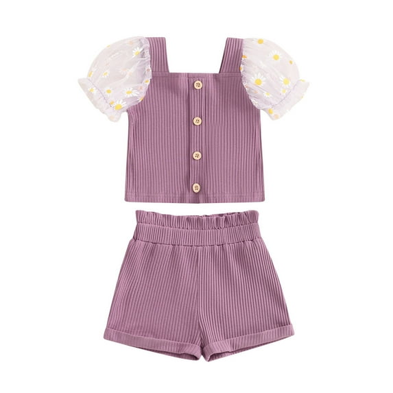Baby Sweetie Kids Girls Summer Ribbed Outfit Daisy Print Mesh Short Sleeve T-Shirt + Shorts Set Summer Clothes