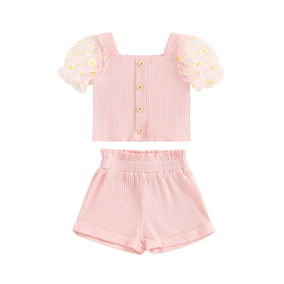 Baby Sweetie Kids Girls Summer Ribbed Outfit Daisy Print Mesh Short Sleeve T-Shirt + Shorts Set Summer Clothes