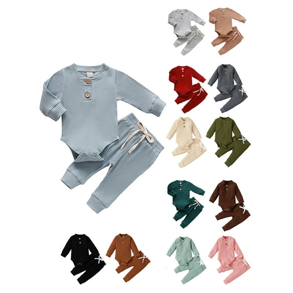 Baby Sweetie Newborn Baby Boy Girl Clothes Ribbed Long Sleeve Romper with Elastic Waist Long Pants Fall Winter Outfits