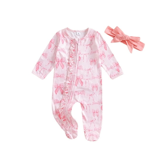 Baby Sweetie Newborn Baby Girl Fall Winter Clothes Jumpsuit Long Sleeve Bow Print Oblique Zipper Romper with Headband