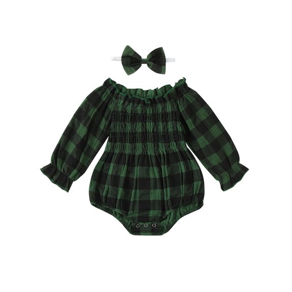 Baby Sweetie Newborn Girl Christmas Outfit, Long Sleeve Off-shoulder Plaid Romper with Hairband Fall Clothes