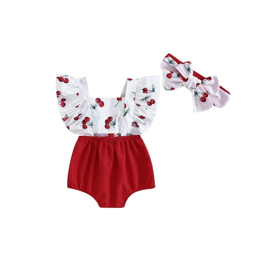 Baby Sweetie Newborn Girl Summer Clothes Fly Sleeve Cherry Print Hollowed Patchwork Romper with Hairband