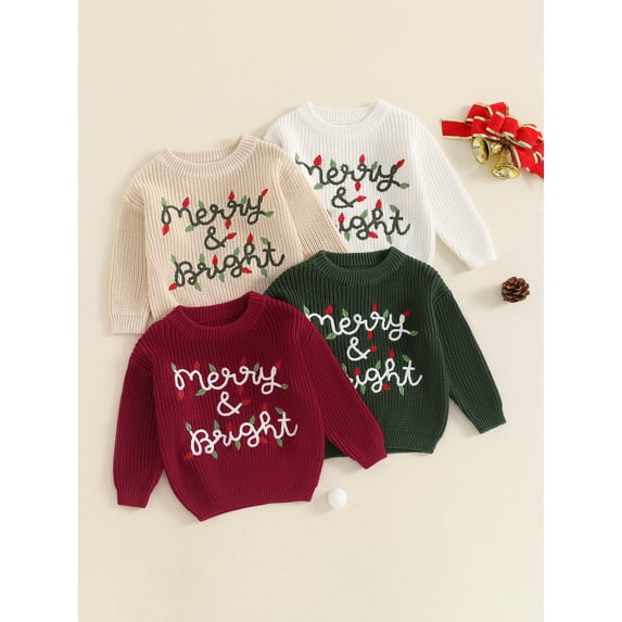 Baby Sweetie Toddler Baby Christmas Sweater Letter Light String Embroidery Crew Neck Long Sleeve Pullovers