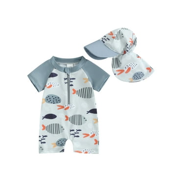 Baby Sweetie Toddler Boys Rash Guard Swimwear Cartoon Fish Print Short Sleeve Swimsuits Front Zipper Bathing Suits with Swimming Hat