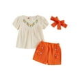 thumbnail image 1 of Baby Sweetie Toddler Girls 3Pcs Summer Outfits Shorts Sets Short Sleeve Floral Embroidery Tops and Shorts Headband Sets, 1 of 7