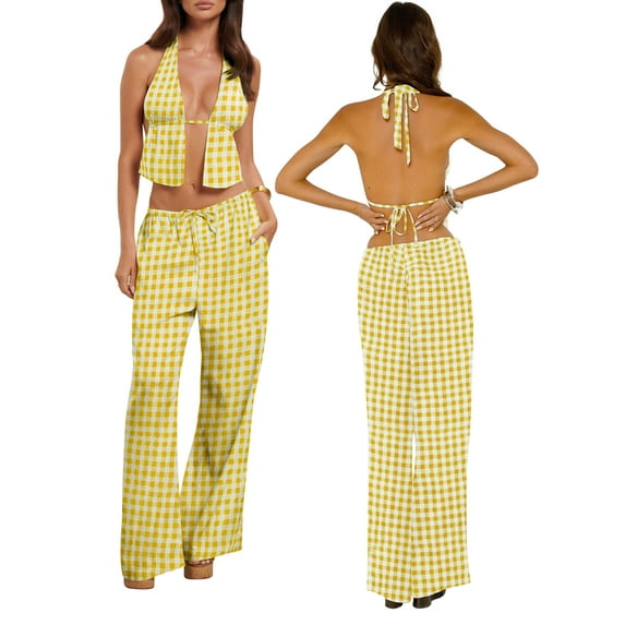 Baby Sweetie Women 2 Piece Outfits Tie-Up Halter Backless Sleeveless Crop Top and Wide Leg Loose Pants Clothes Set