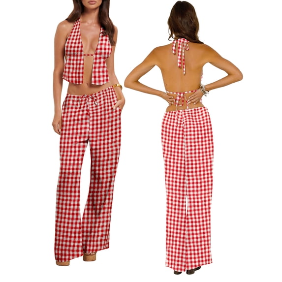 Baby Sweetie Women 2 Piece Outfits Tie-Up Halter Backless Sleeveless Crop Top and Wide Leg Loose Pants Clothes Set