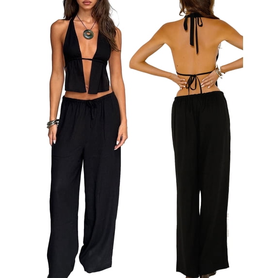 Baby Sweetie Women 2 Piece Outfits Tie-Up Halter Backless Sleeveless Crop Top and Wide Leg Loose Pants Clothes Set