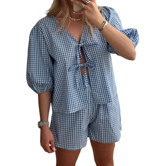 Baby Sweetie Women 2 Piece Set, Short Sleeve Front Tie-up T-shirt with Elastic Waist Shorts Plaid Summer Outfit