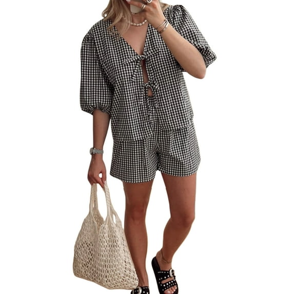 Baby Sweetie Women 2 Piece Set, Short Sleeve Front Tie-up T-shirt with Elastic Waist Shorts Plaid Summer Outfit