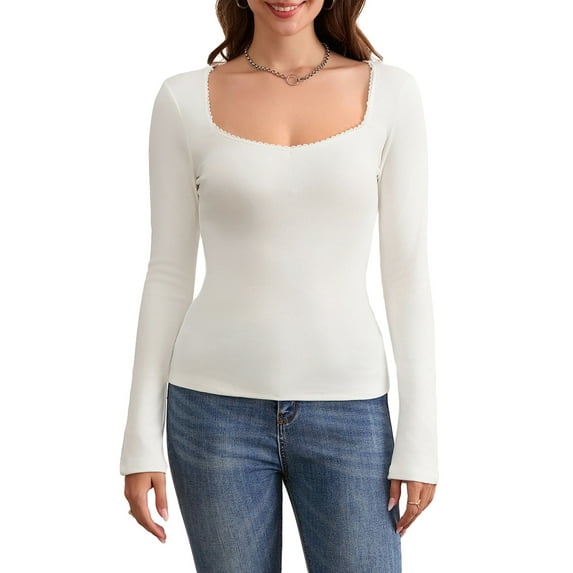 Baby Sweetie Women Basic T-shirt Long Sleeve Low-cut Lace Trim Solid Slim Fit Ladies Fall Tops Streetwear