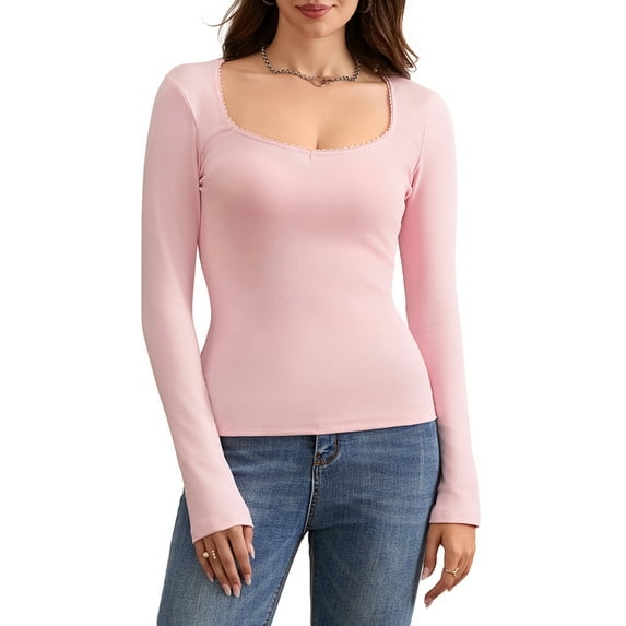 Baby Sweetie Women Basic T-shirt Long Sleeve Low-cut Lace Trim Solid Slim Fit Ladies Fall Tops Streetwear