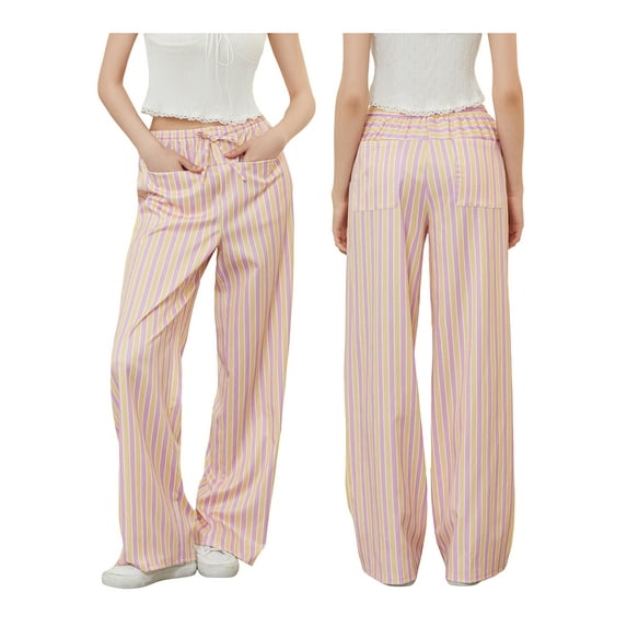 Baby Sweetie Women Casual Baggy Pants Drawstring Waist Wide Leg Striped Pants Multiple Pockets Trousers