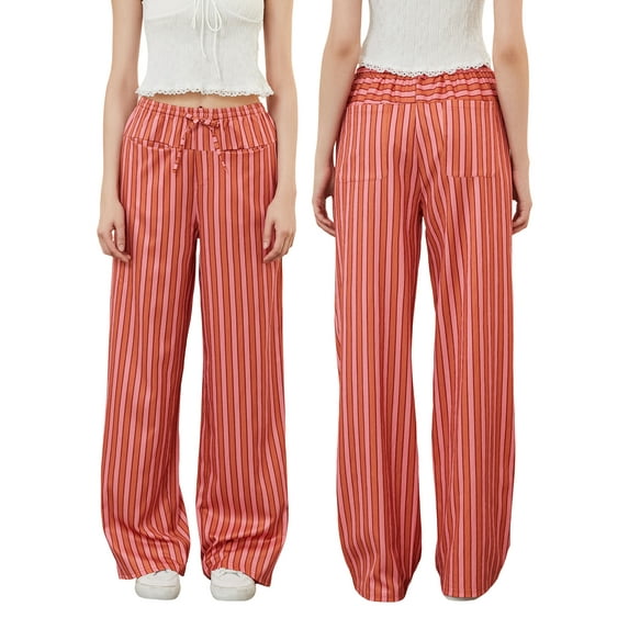 Baby Sweetie Women Casual Baggy Pants Drawstring Waist Wide Leg Striped Pants Multiple Pockets Trousers