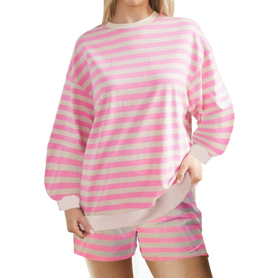 Baby Sweetie Women Casual Outfits Stripe Print Long Sleeves T-Shirt with Elastic Waist Shorts Lounge Sets