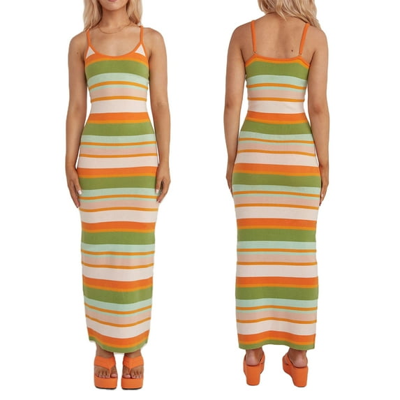 Baby Sweetie Women Cutout Backless Maxi Knitted Dress Color Patchwork Sleeveless Dresses Long Dress Party One-Piece for Ladies