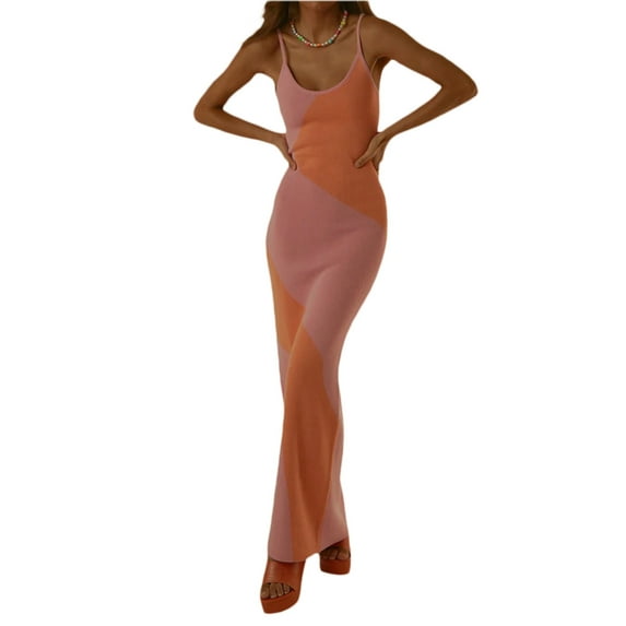 Baby Sweetie Women Cutout Backless Maxi Knitted Dress Color Patchwork Sleeveless Dresses Long Dress Party One-Piece for Ladies