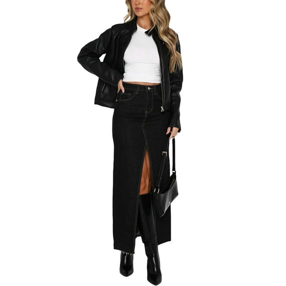 Baby Sweetie Women Denim Skirt Summer Casual Elastic Front Split Midi Skirt Jeans for Beaches Vintage 90s Long Skirt Club