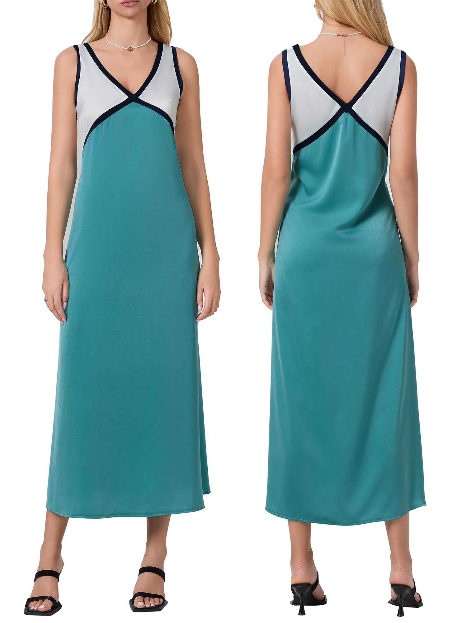 Baby Sweetie Women Elegant Summer Long Dress Sleeveless Vneck Contrast