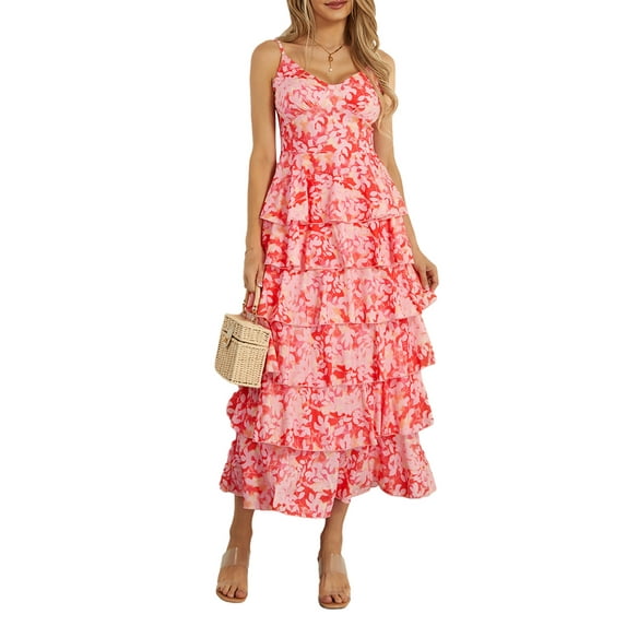 Baby Sweetie Women Floral Print Summer Long Dress Tiered Ruffles Sleeveless Cami Dress Casual Beach Party Dresses