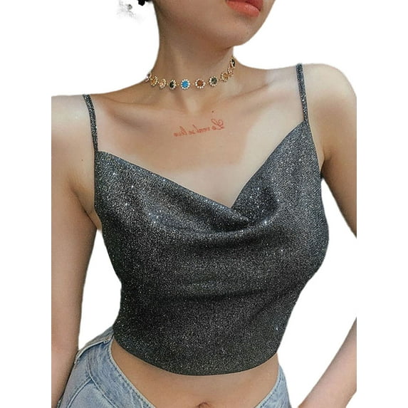 Baby Sweetie Women Glitter Crop Top, Blackless Shiny Spaghetti Straps Low Cut V-Neck Form-Fitting Tank Top Clubwear