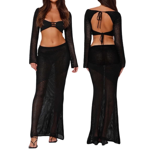 Baby Sweetie Women Hollow Out Knit Skirt Outfits Long Sleeve Square Neck Crop Tops + Long Skirts 2pcs Sets