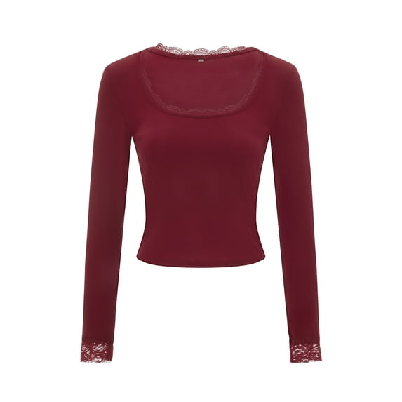 Baby Sweetie Women Lace Trim T-Shirts U-Neck Long Sleeve Shirts Spring Fall Slim Fit Tops Streetwear