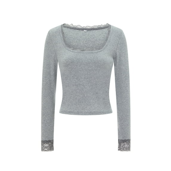 Baby Sweetie Women Lace Trim T-Shirts U-Neck Long Sleeve Shirts Spring Fall Slim Fit Tops Streetwear