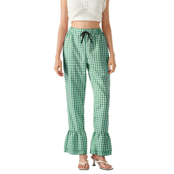 Baby Sweetie Women Plaid Flared Pants Tiered Ruffled Legs Bow Elastic Waistband Full Length Pull-On Trousers