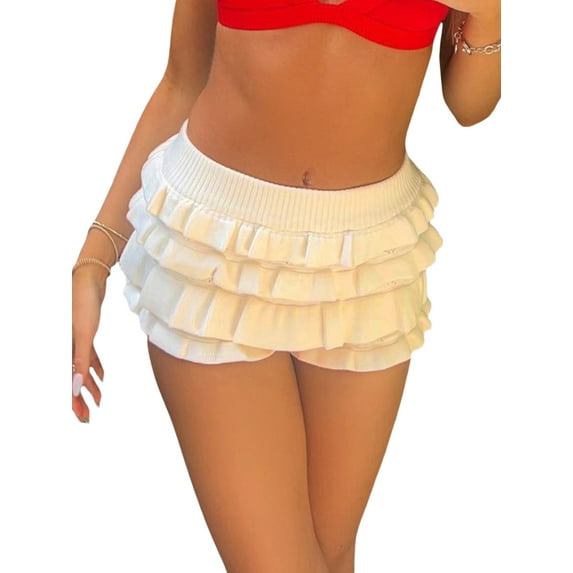 Baby Sweetie Women Ruffle Crochet Shorts Hollow Out Knit Elastic Waist Layered Shorts Casual Short for Daily
