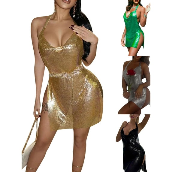 Baby Sweetie Women Sequin Dress Sparkly Glitter Skirt, Bodycon Side Slit Dresses for Night Clubs Bars