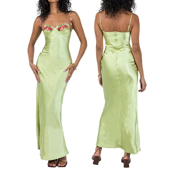 Baby Sweetie Women Spaghetti Strap Sling Long Dress Flower Embroidery Sleeveless Summer Party Club Dresses