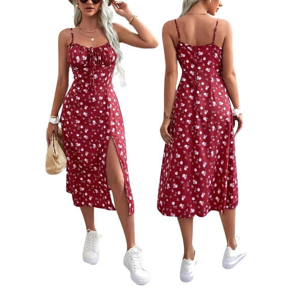 Baby Sweetie Women Summer Floral Dress, Spaghetti Strap Sleeveless with High Slit Flowy Summer Outfits