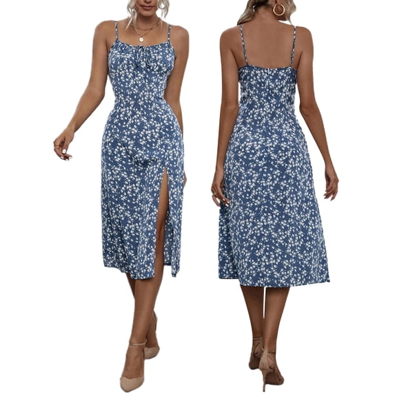 Baby Sweetie Women Summer Floral Dress, Spaghetti Strap Sleeveless with High Slit Flowy Summer Outfits
