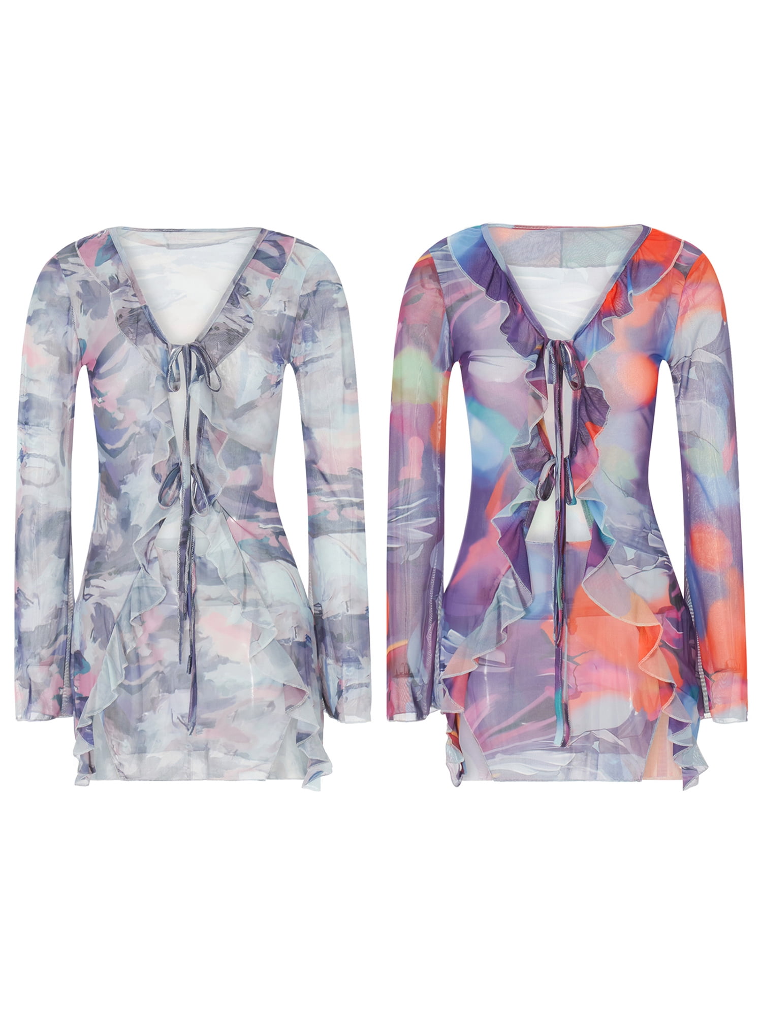 Baby Sweetie Women Tie Dye Patchwork Mini Dress Long Sleeve Lacing Slit ...