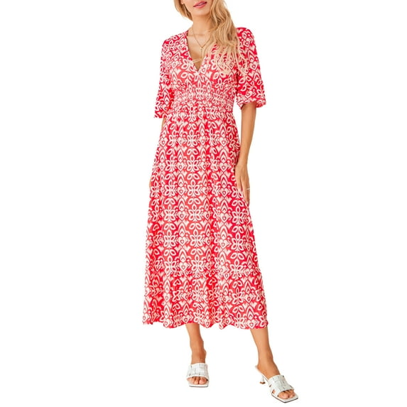 Baby Sweetie Women's Boho Summe Loose Dress Plus Size Floral Print Half Sleeve V Neck Elastic Waist Beach Dress