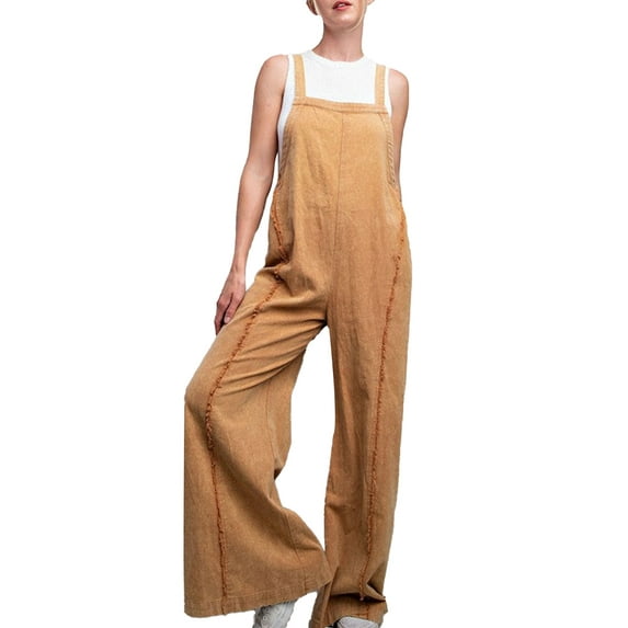 Baby Sweetie Women's Denim Overalls Loose Vintage Washed Raw Trim Square Neck Wide Leg Jumpsuit Jean Pants