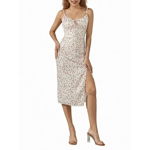 Baby Sweetie Women´s Floral Print Midi Dress Sleeveless Spaghetti Strap Bustier Backless Thigh Slit Split Dresses