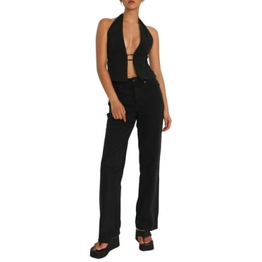 Baby Sweetie Women's Halter Tank Tops, Sleeveless Backless Split Front Ruched Drawstring Tops