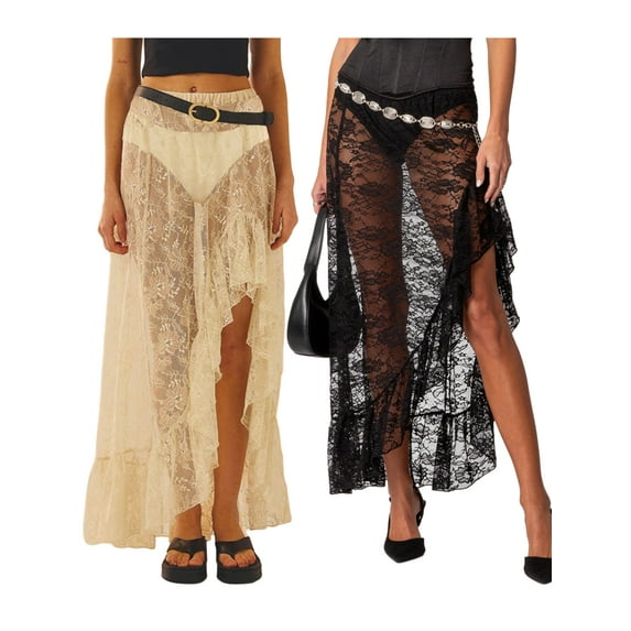 Baby Sweetie Women's Lace Long Skirts Vintage High Waist Asymmetrical Hem Ruffle Midi Skirts Flowy Skirts