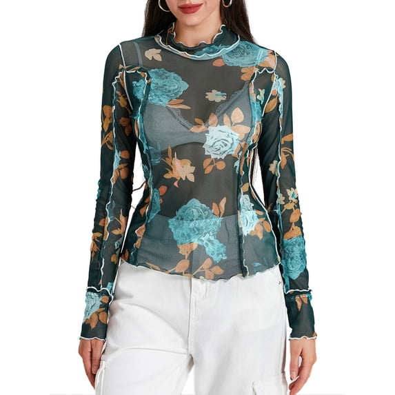 Baby Sweetie Women's Long Sleeves Mesh Sheer High Neck Tops Floral Print Slim Summer T-Shirt