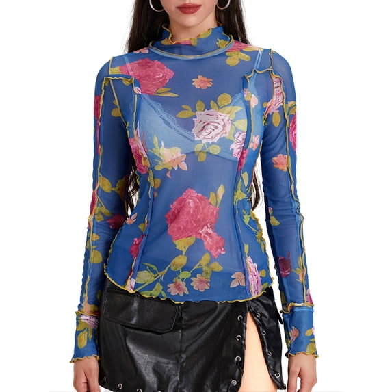Baby Sweetie Women's Long Sleeves Mesh Sheer High Neck Tops Floral Print Slim Summer T-Shirt