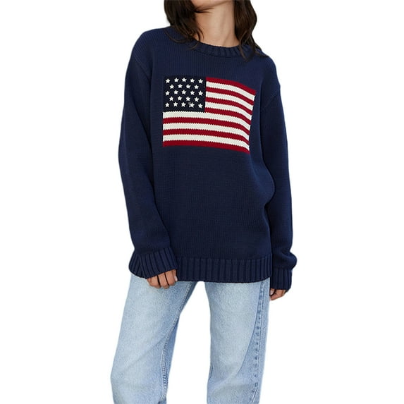 Baby Sweetie Women's Patriotic Sweater Stars Stripe Flag Print Round Neck Long Sleeve Pullovers 4th of July Loose Casual Knit Jumpers