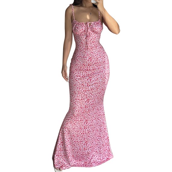 Baby Sweetie Women's Spaghetti Strap Dresses Drawstring Design Floral Print Slim Fit Long Bodycon Dresses Perfect for Summer Spring