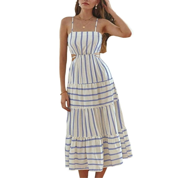 Baby Sweetie Women's Spaghetti Strap Long Dress Summer Sleeveless Cut Out Dress Tie-up Back Flowy Dresses