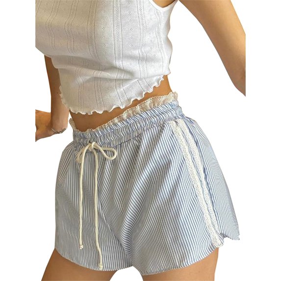 Baby Sweetie Women's Striped Shorts Lace Trim Elastic Waist Drawstring Casual Trendy Summer Womens Shorts