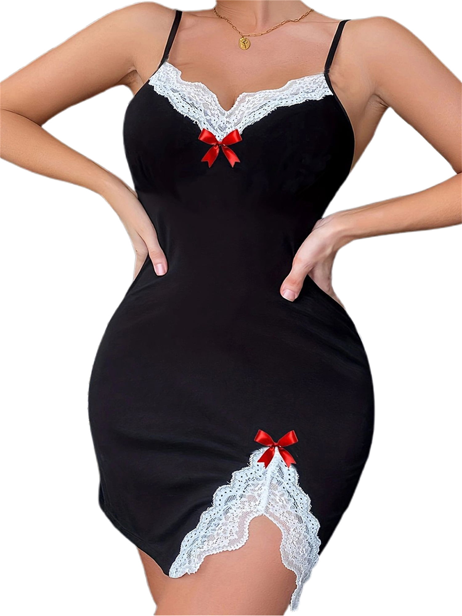 Bow V Neck Split Hem Cross Strappy Backless Nightdress