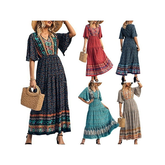 Baby Sweetie Women's Summer Long Dress Boho Print Short Sleeve V Neck Beach Vacation Elegant Dresses
