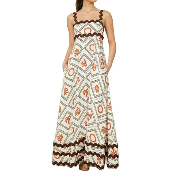 Baby Sweetie Women’s Summer Long Dress Fashion Prin Sleeveless Spaghetti Strap Wavy Trim Dress Flowy A Line Dresses